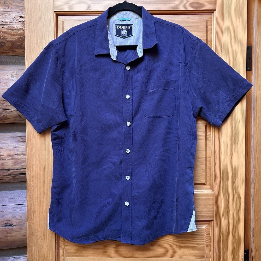 SeaPointe Mens Navy Blue Short Sleeve Tropical Hawaiian Aloha Shirt Size Large